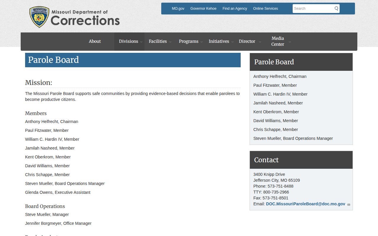 Missouri Parole Board functions for Camden County parole and release records